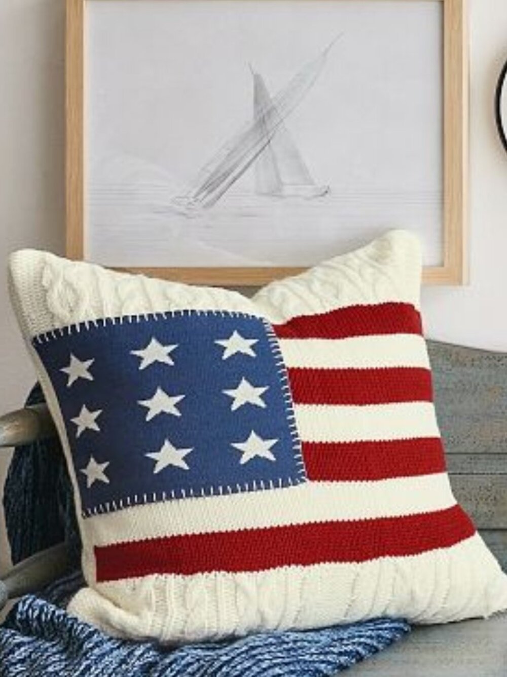 Pottery Barn American Flag Cable Knit Pillow Cover, 24" Square NEW, July 4th - Picture 2 of 5